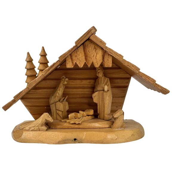 VTG Handcrafted Wooden Nativity Creche Baby Jesus Joseph Mary Hand Carved Pine - Picture 1 of 14